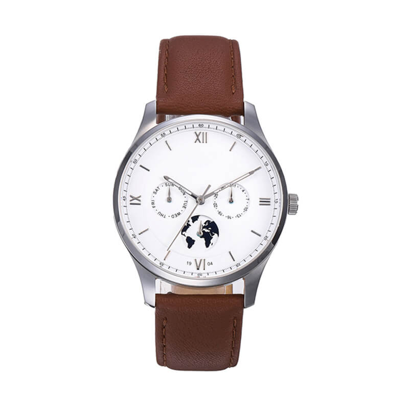 CHRONOGRAPH STAINLESS STEEL WATCH WITH BROWN LEATHER BAND