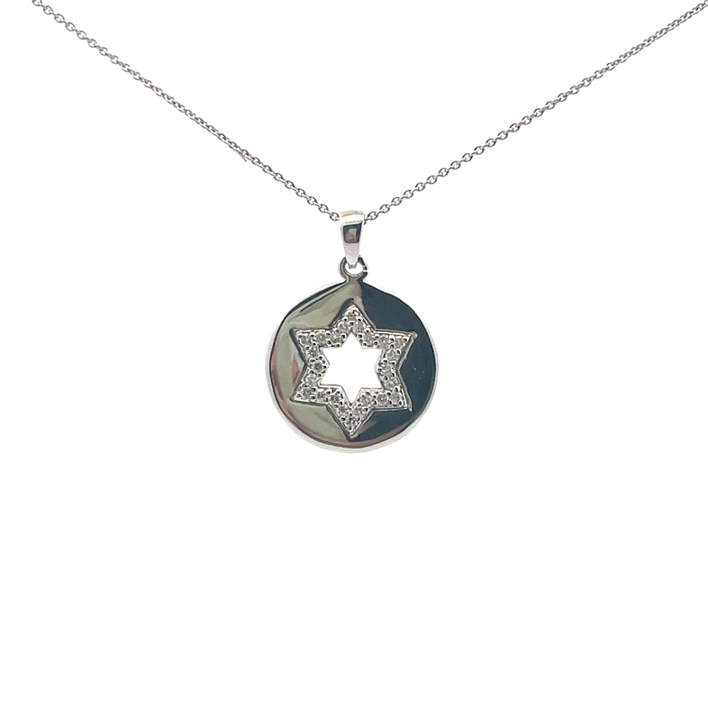 Star Of David Cutout Round Disc Diamond Pendant