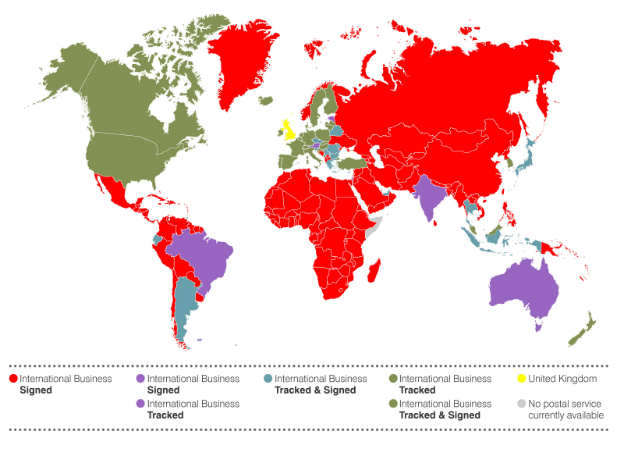 Postforsendelsesservice, forretnings- og erhvervsforsendelser, international