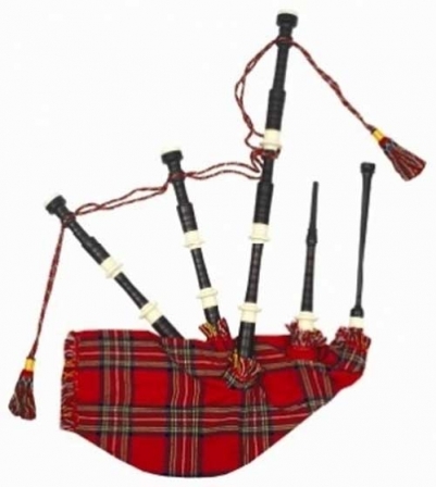 BLACK EBONY WOOD BAGPIPE, ROYAL STEWART BAG COVER WITH CORD, WITH IVORY