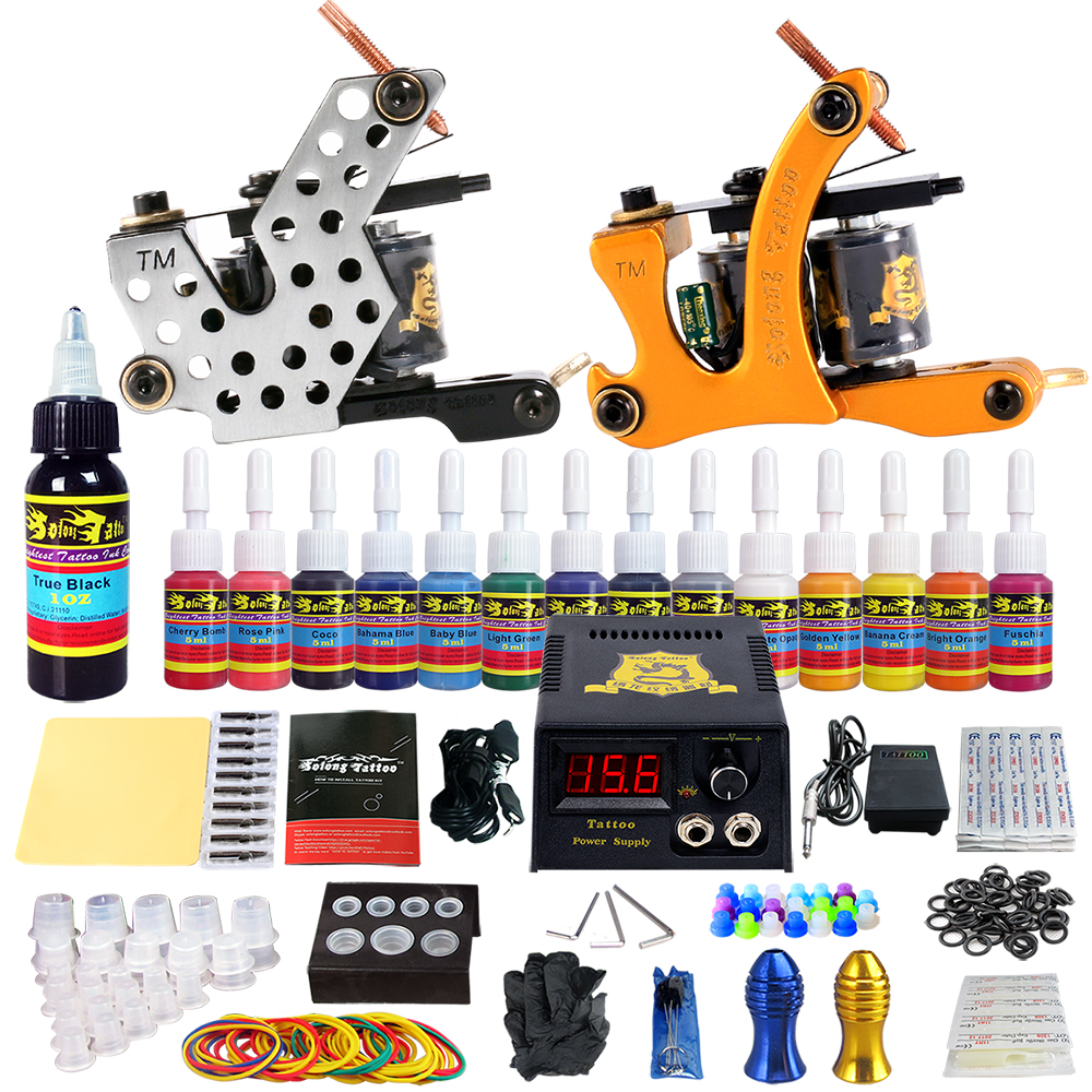 Solong Tattoo Starter Tattoo Kit 2 Pro Machine 14 Inks Needles TK212