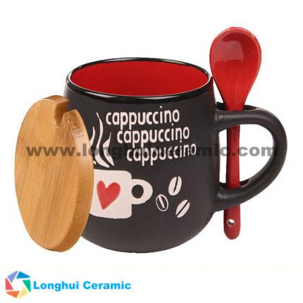 11oz love design ceramic cappuccino cup with spoon and lid