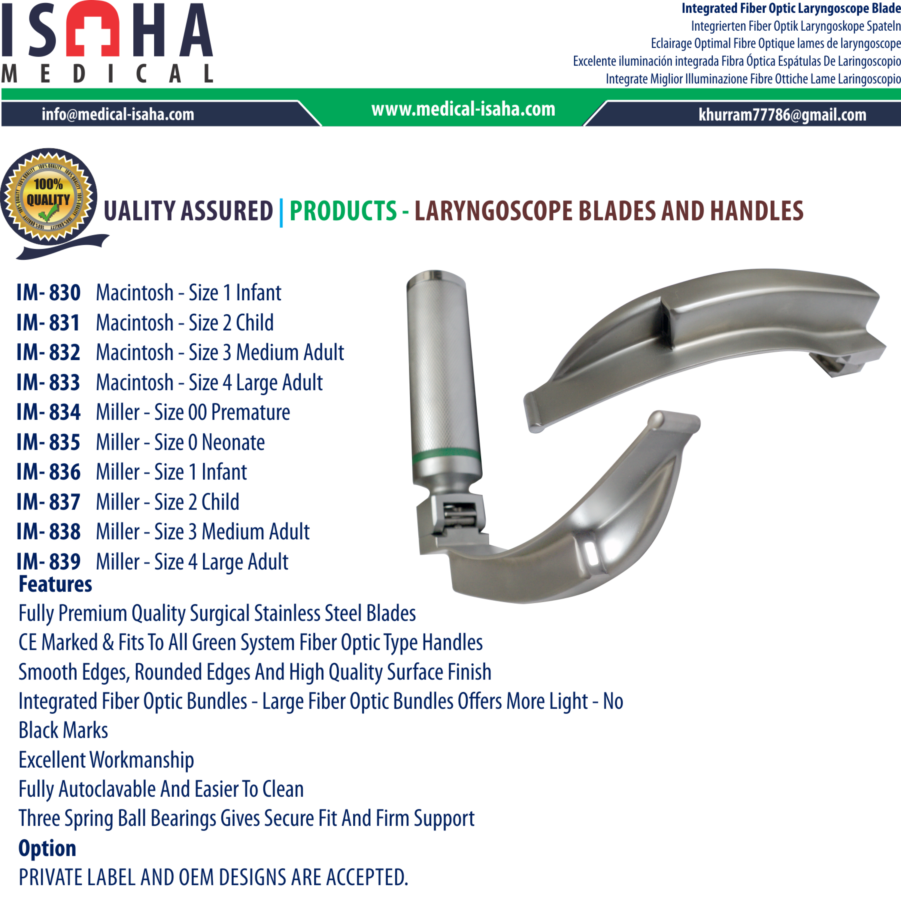 Laryngoscope Blade - Integrated Fiber Optic