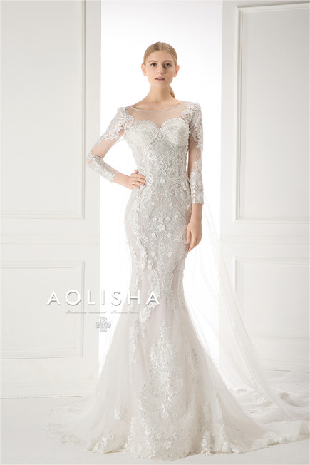 Long Sleeves V-Neckline Lace Applique with Beads Sheath A-Line 