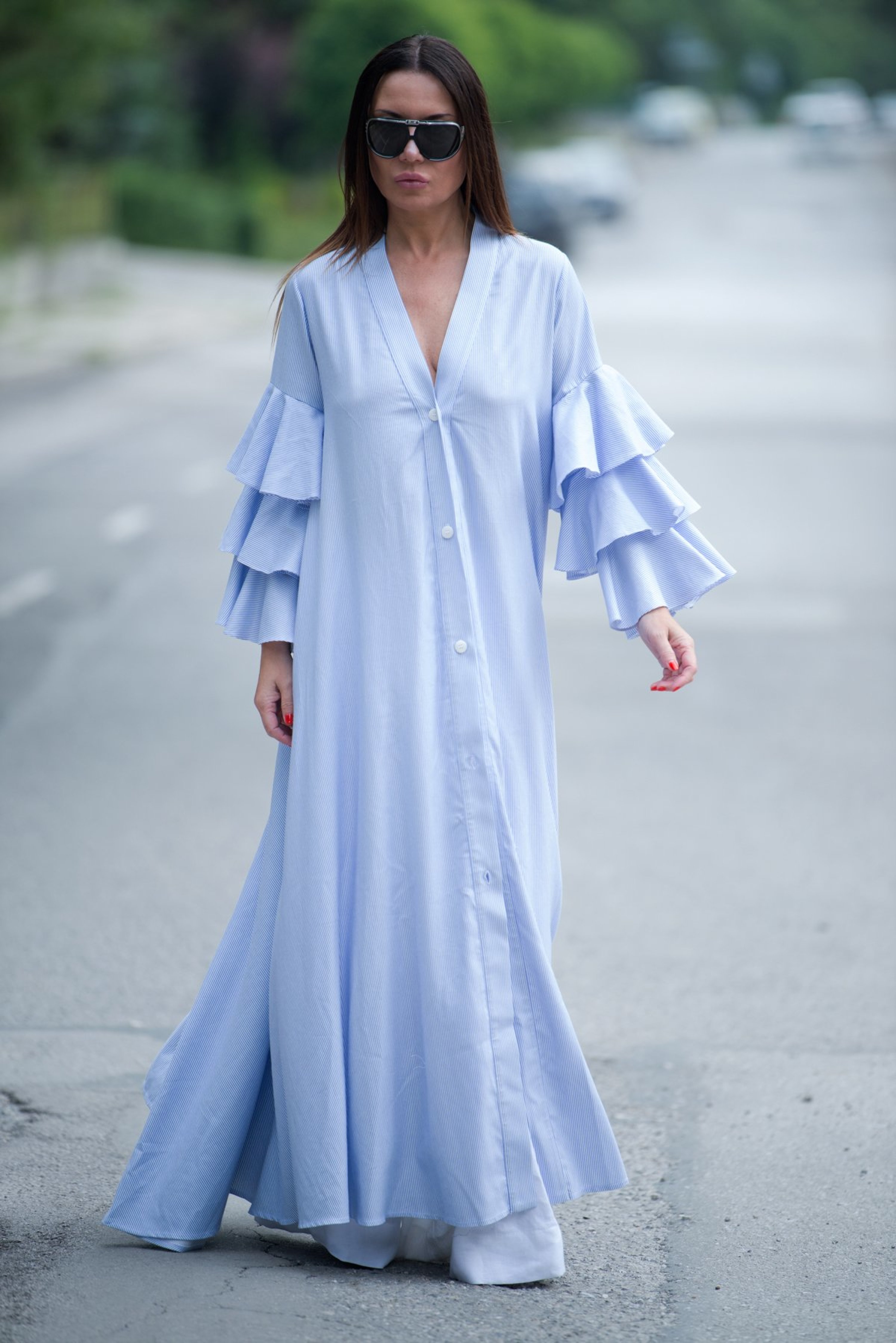 White Blue Stripe Cotton Abaya Loose Maxi Dress, Flounces Sleeves Elegant Kaftan - KA0193CT