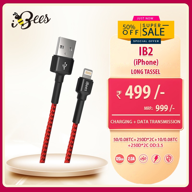 iBees Durable Red Nylon Braided Long Lightning Cable for iOS Devices - Apple iPhone 11 Pro Max, X, 8 Plus, 7, 6s, iPad Pro, Air, Mini, Mini 3 (1.2m)