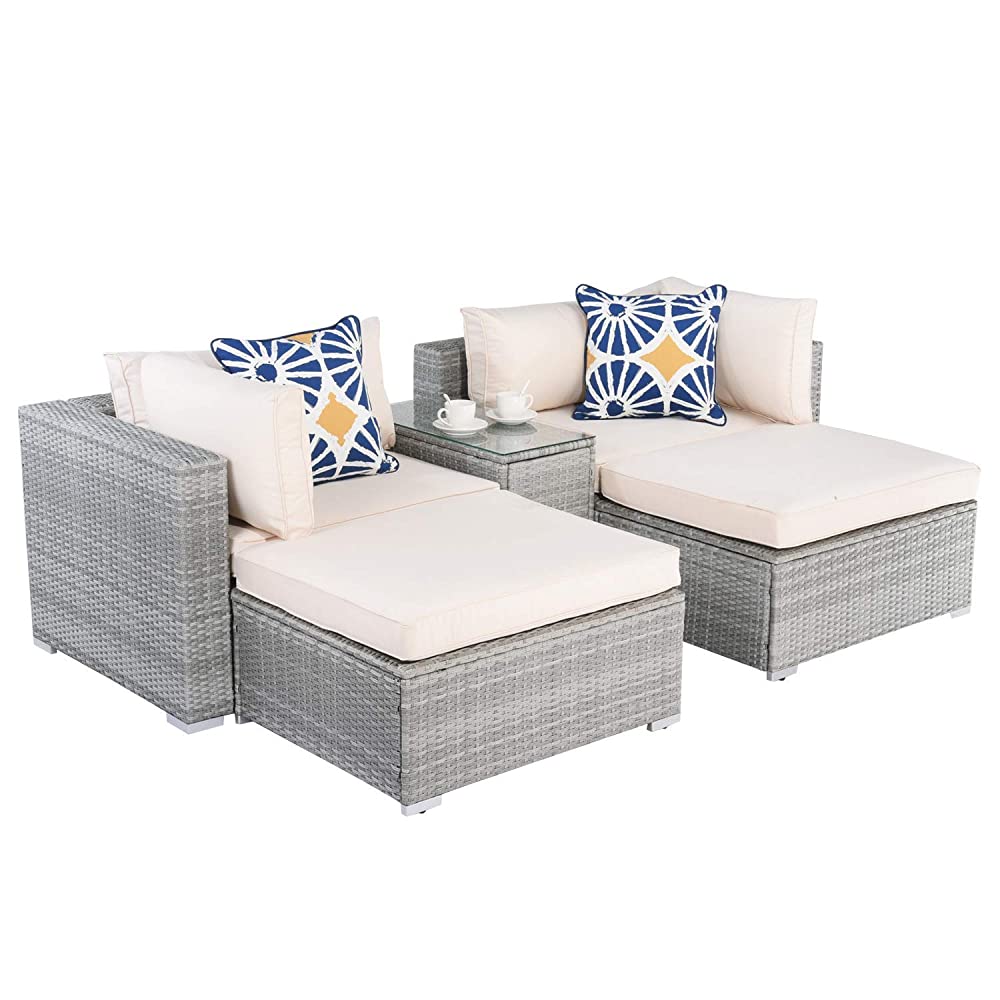 Qingmizhiyi Patio Furniture Set 5 PCS Conversation Set Rattan Chair PE Wicker Set With Storage Glass Top Table,Throw Pillows