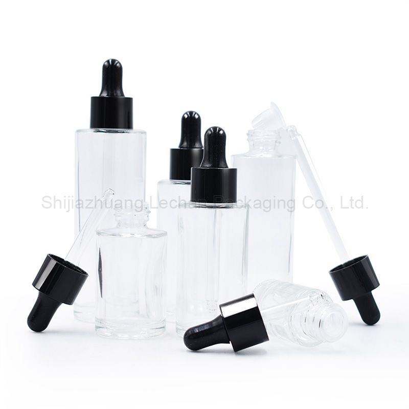 Clear Glass Bottles with Dropper Cap Flat Shoulder Bottles