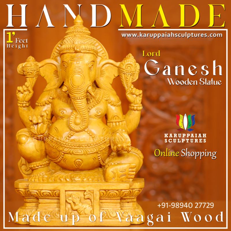 Wooden Ganesh Seated Holding modak sweet 12″